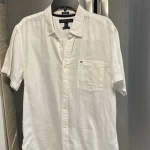White 100% Linen Custom-fitted Tommy Hilfiger Short-sleeve Shirt